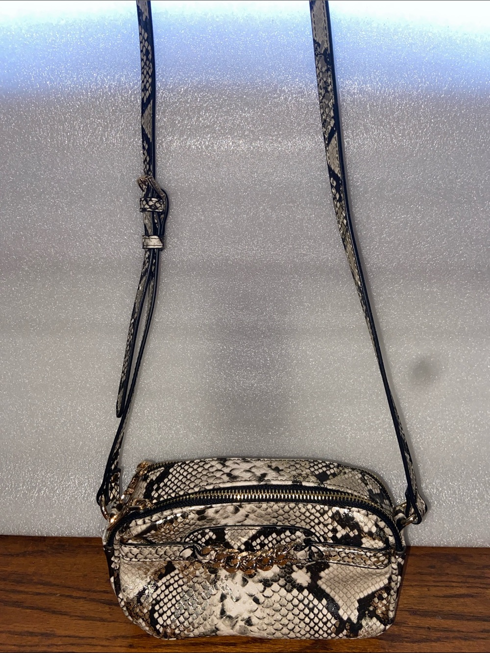 NWOT Steve Madden Snake-Print Crossbody with Gold Chain Detail